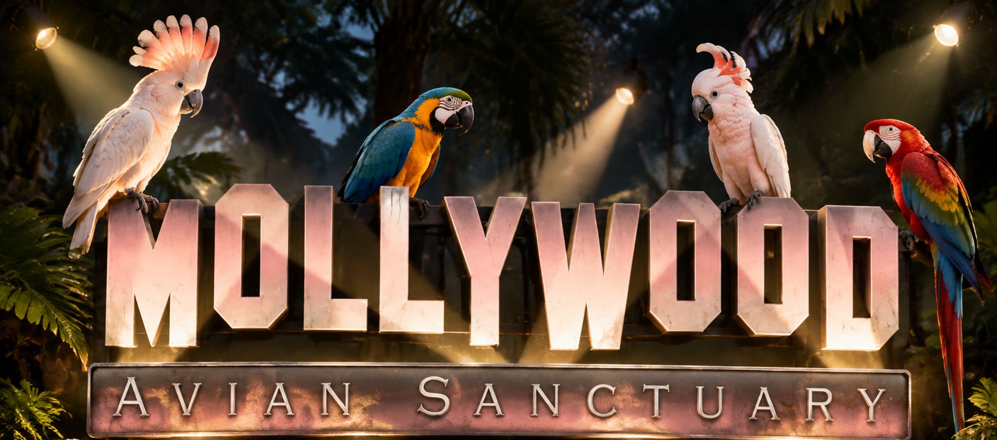 Mollywood Avian Sanctuary sign under spotlights, with two cockatoos and two macaws perched on the letters